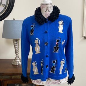 EUC Berek Royal Blue Cat Appliqué Cardigan L